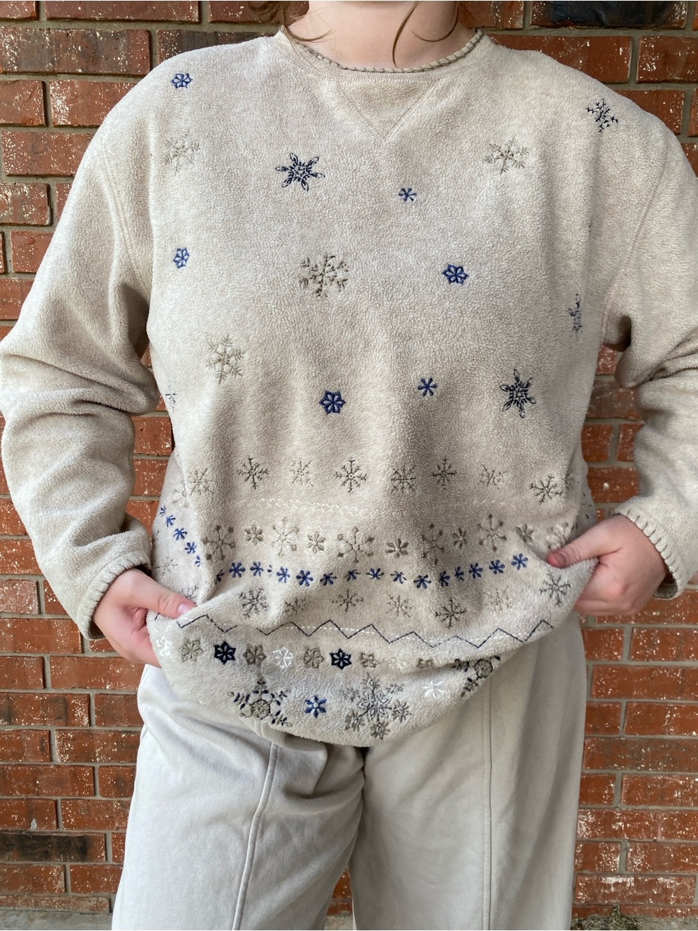 Bobbie Brooks Cream Snowflake Embroidered Crewneck Sweater